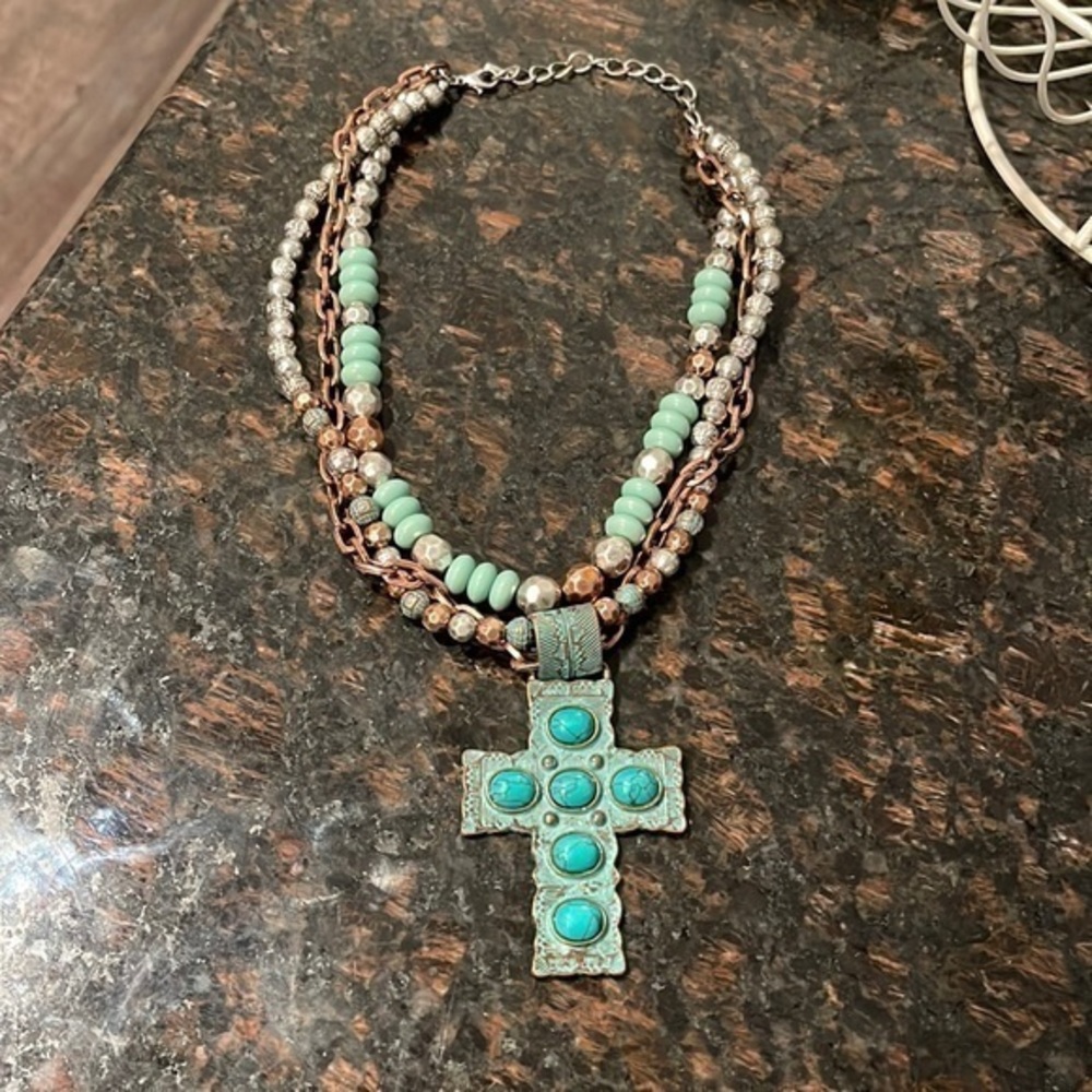 Costume jewelry Copper and turquoise colored cross and beaded necklace